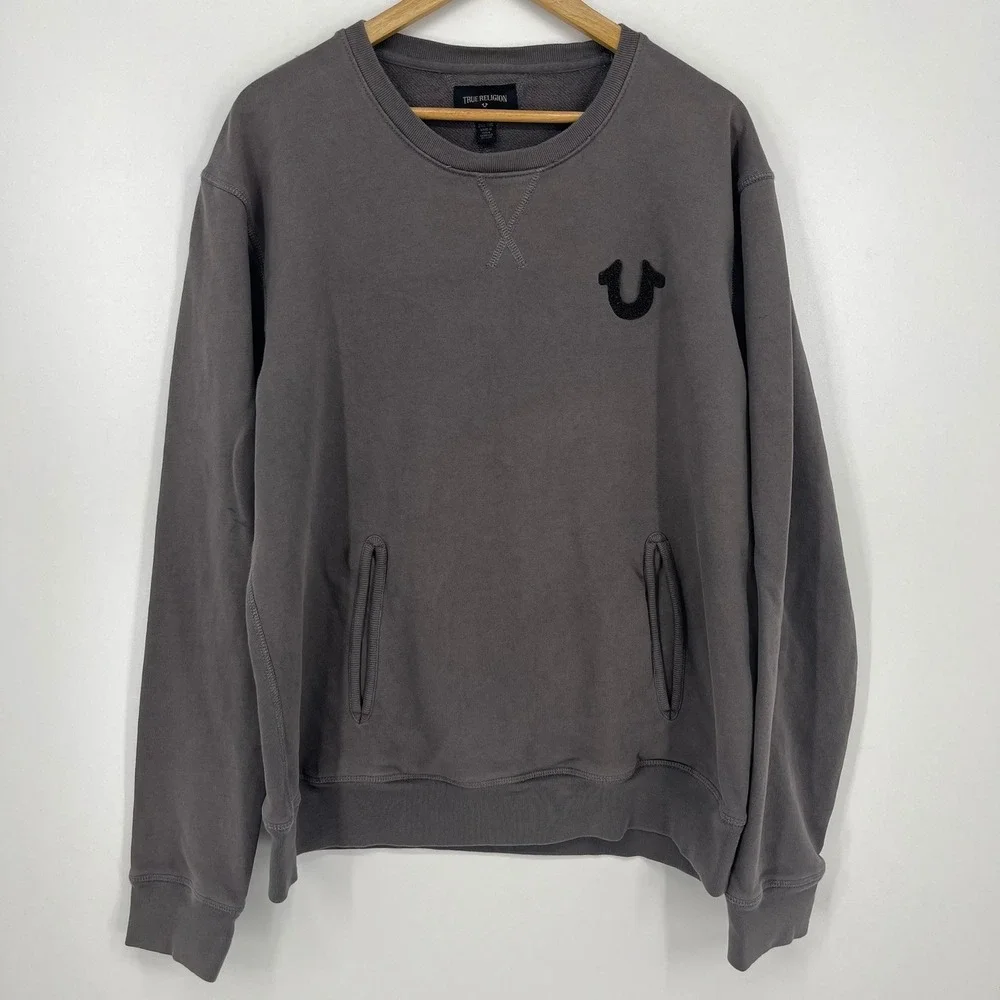 True Religion Mens Gray Horseshoe Logo Crewneck‎ Sweatshirt 2XL Pullover